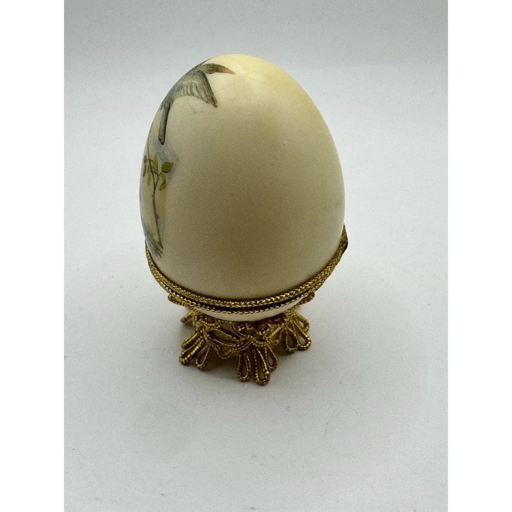 Vintage Real Egg Trinket Box With Blue Bird Printed On It And Satin Lining